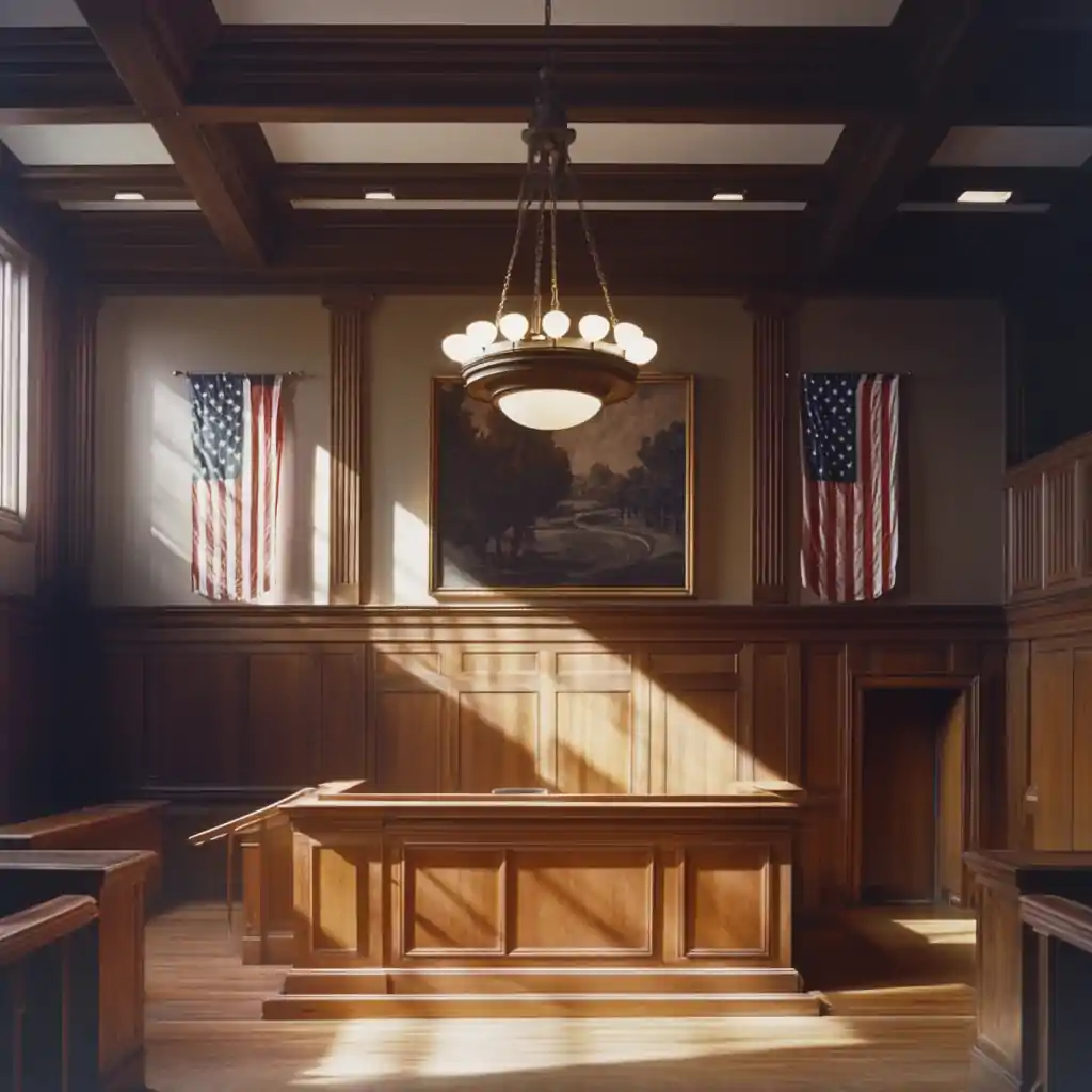 Inside an empty courtroom