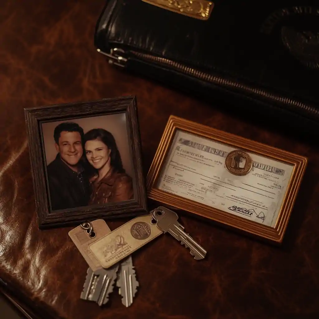 Family photo and keys on a desk